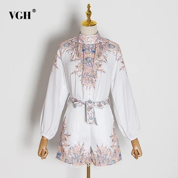 

VGH Print Two Piece Set For Women Turtleneck Long Sleeve Shirt High Waist Bowknot Lace Up Pants Hit Color Female Suit 2020 New