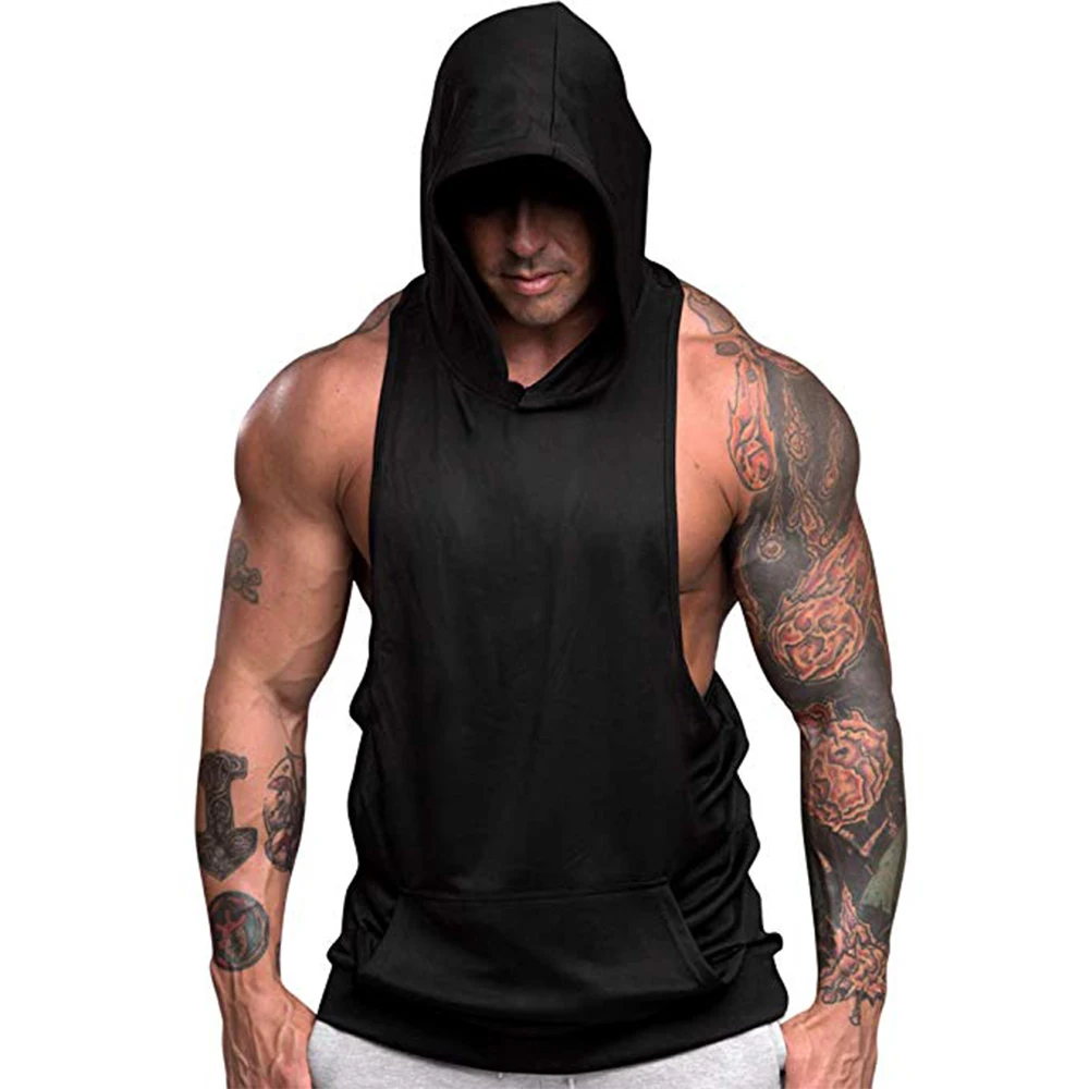 Men's Fitness Gym Solids Bodybuilding Workout Muscle Sleeveless Hoodies Tank Top Athletic Sleeveless Hooded Tops