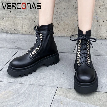 

VERCONAS Women Ankle Boots Autumn Winter Platforms Shoes Woman Genuine Leather Metal Decoration Lace-Up Back Zipper Martin Boots