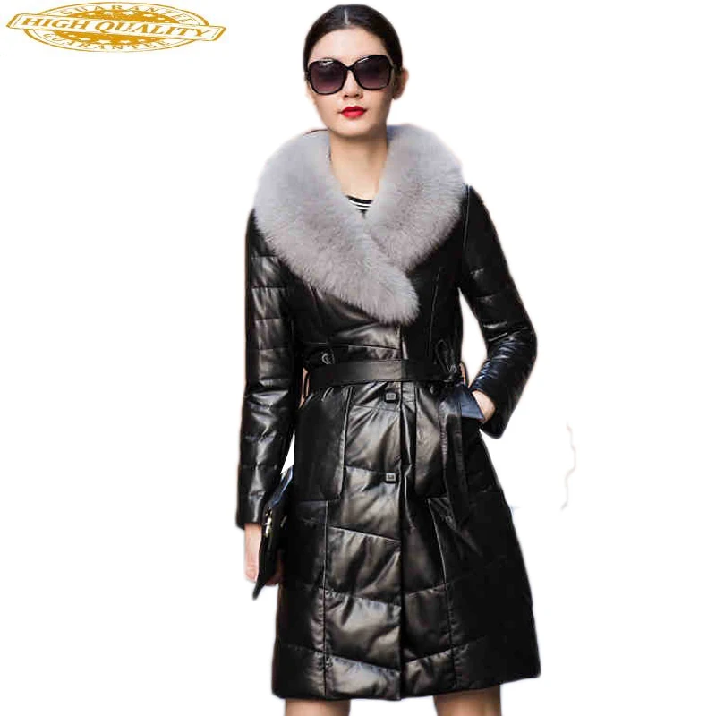 

Plus Size 6XL Genuine Leather Jacket Women White Duck Down Pure Fox Fur Leather European Thick Overcoat Mujer LX77