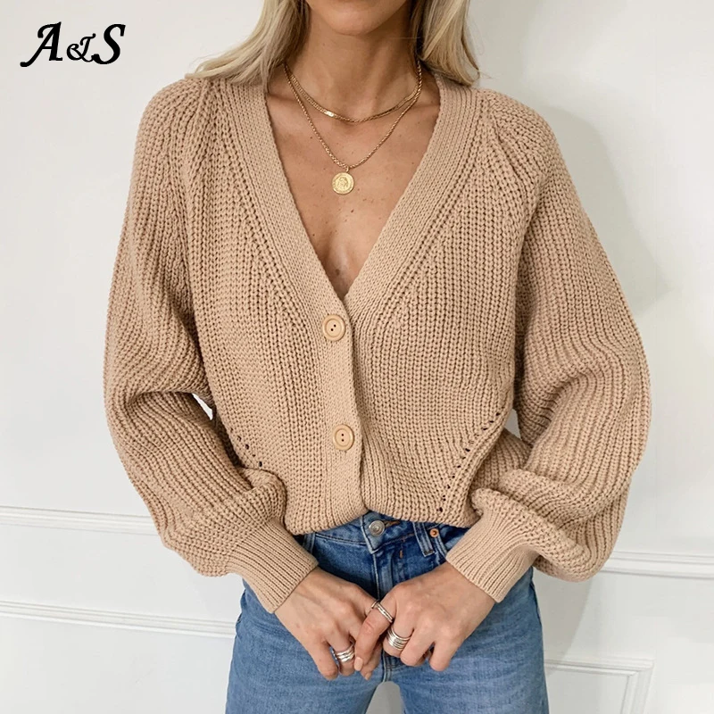 

Anbenser Korean Knit Cardigans New Autumn Winter Sweater for Women's Solid Color V-neck Lantern Sleeve Button Knitted Cardigan