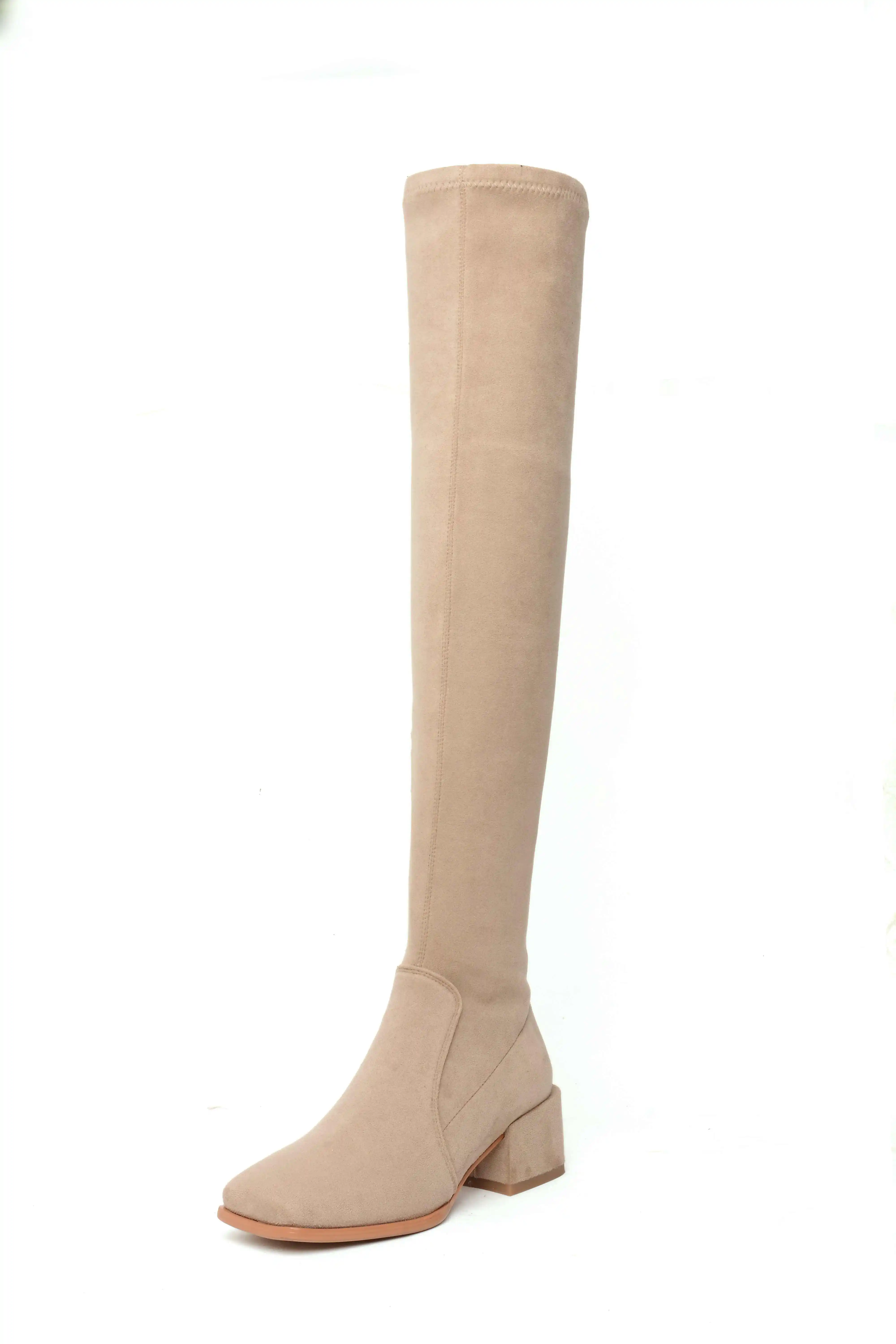Lenkisen fashion square toe soft flock stretch boots med heels side zip winter women high street fashion thigh high boots L32