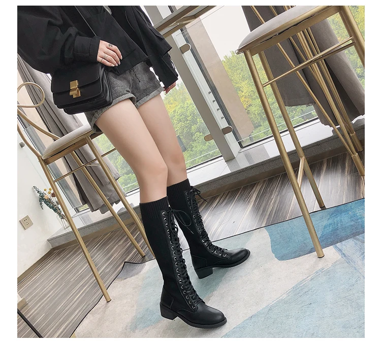 Высокие сапоги женские botas mujer; коллекция года; Botines Bota Feminina; модные зимние сапоги черные женские сапоги на шнуровке сапоги до колена; Size35-40