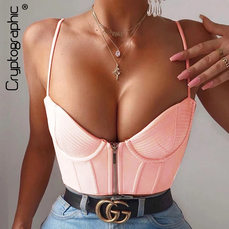 

Cryptographic PU Sleeveless Zip Up Corset Bustier Crop Tops Women 2020 Fashion Underwear Backless Cami Cropped Top Zipper Solid