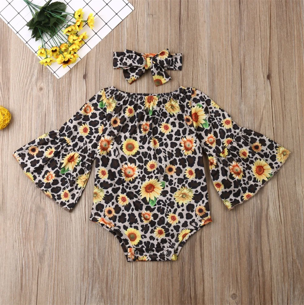 Коллекция года, весенне-осенняя одежда для малышей боди комбинезон с повязкой на голову для новорожденных девочек леопардовая одежда с подсолнухами