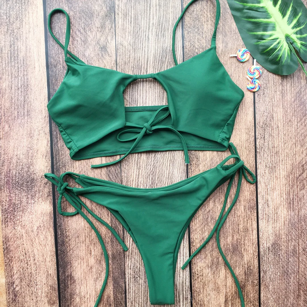 Cut Out Brazilian Bikini Two-piece Swimsuit String Swimwear Women Padded Bathing Suit Bikiny Solid Sexy Tanga Biquini Swim Suit - Цвет: army green