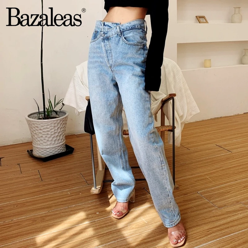 Bazaleas уличная вывих талии женские джинсы осень Харадзюку Свободные папа джинсы Винтаж хлопок длинные брюки