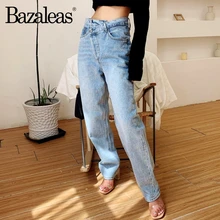 Bazaleas уличная вывих талии женские джинсы осень Харадзюку Свободные папа джинсы Винтаж хлопок длинные брюки
