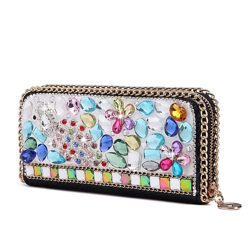Vrouwen Portemonnee Kristal Clutch Bags Pauw Luxe Bloemen Handtassen Black Avondtassen Strass Portemonnee Koe Lederen Dames Gift Bags