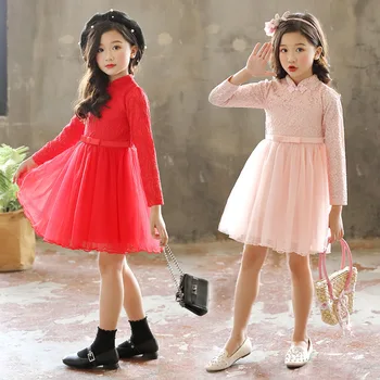 

Children's dress girl long sleeve Chinese style princess party dress children's wear 3-12 years old new year costume red pink