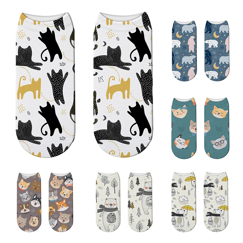 New Creative Design Colorful Cotton Women Short Socks Harajuku Funny Cute Cartoon Animals 3D Printed Happy Gifts For Girl | Женская