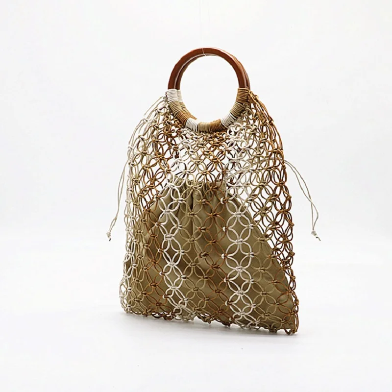 

Hollow Out Handbags for Women 2019 New Fashion Straw Bag Round Wooden Handle Summer Beach Bags Rattan Lady Totes