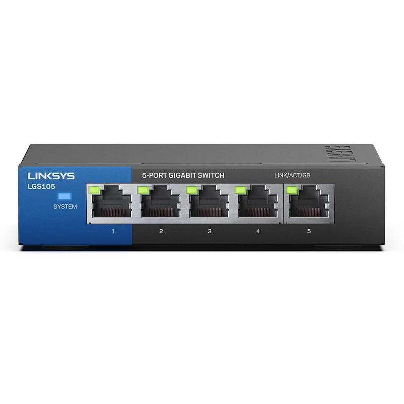 

Linksys LGS105 5-Port Business Desktop Gigabit Switch Wired connection speed up to 1000 Mbps 5 Gigabit Ethernet auto-sensing por