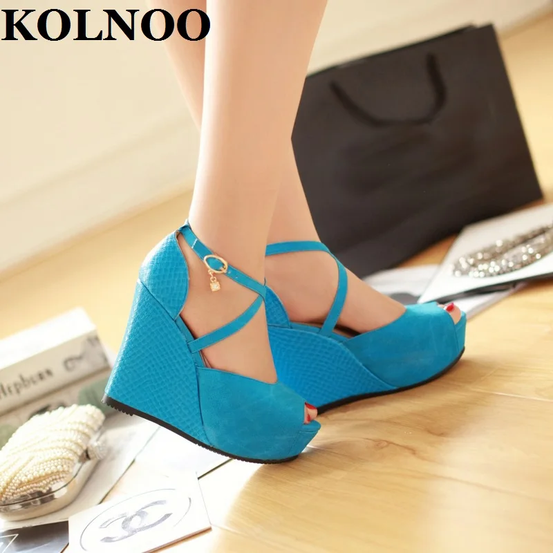 

KOLNOO New Handmade Womens Wedges Heels Sandals Crisscross Buckle Strap Peep-Toe Four Color Evening Party Prom Fashion Shoes