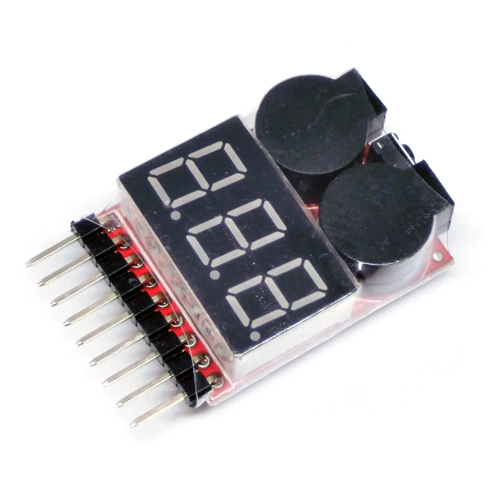 Testeur de tension batterie LiPo 1S-8S - Alarme sonore et LED, avec câbles et connecteurs