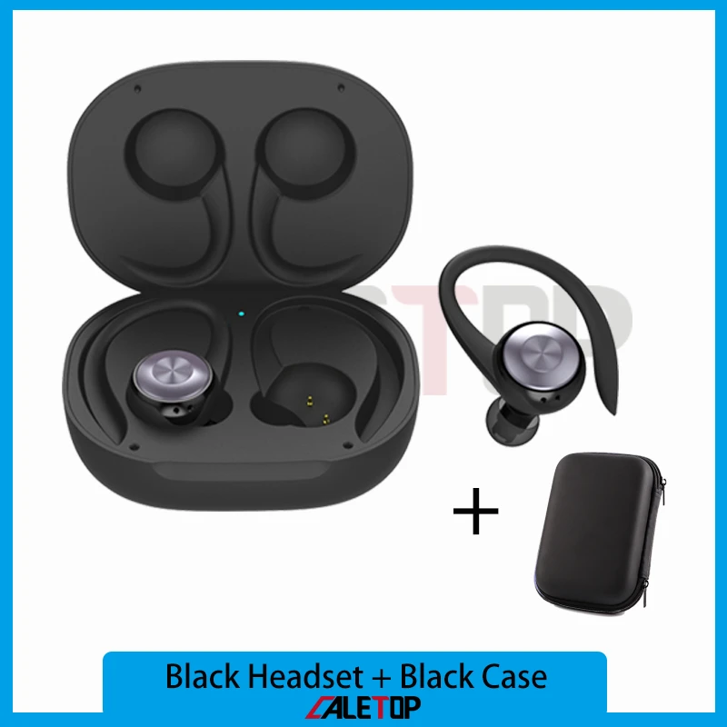 CALETOP TWS Bluetooth 5.0 Earphone Sports Wireless Earphones Ear Hook Noise Reduction Headphones Stereo Sound Headset with MIC - Цвет: Black and Black Case