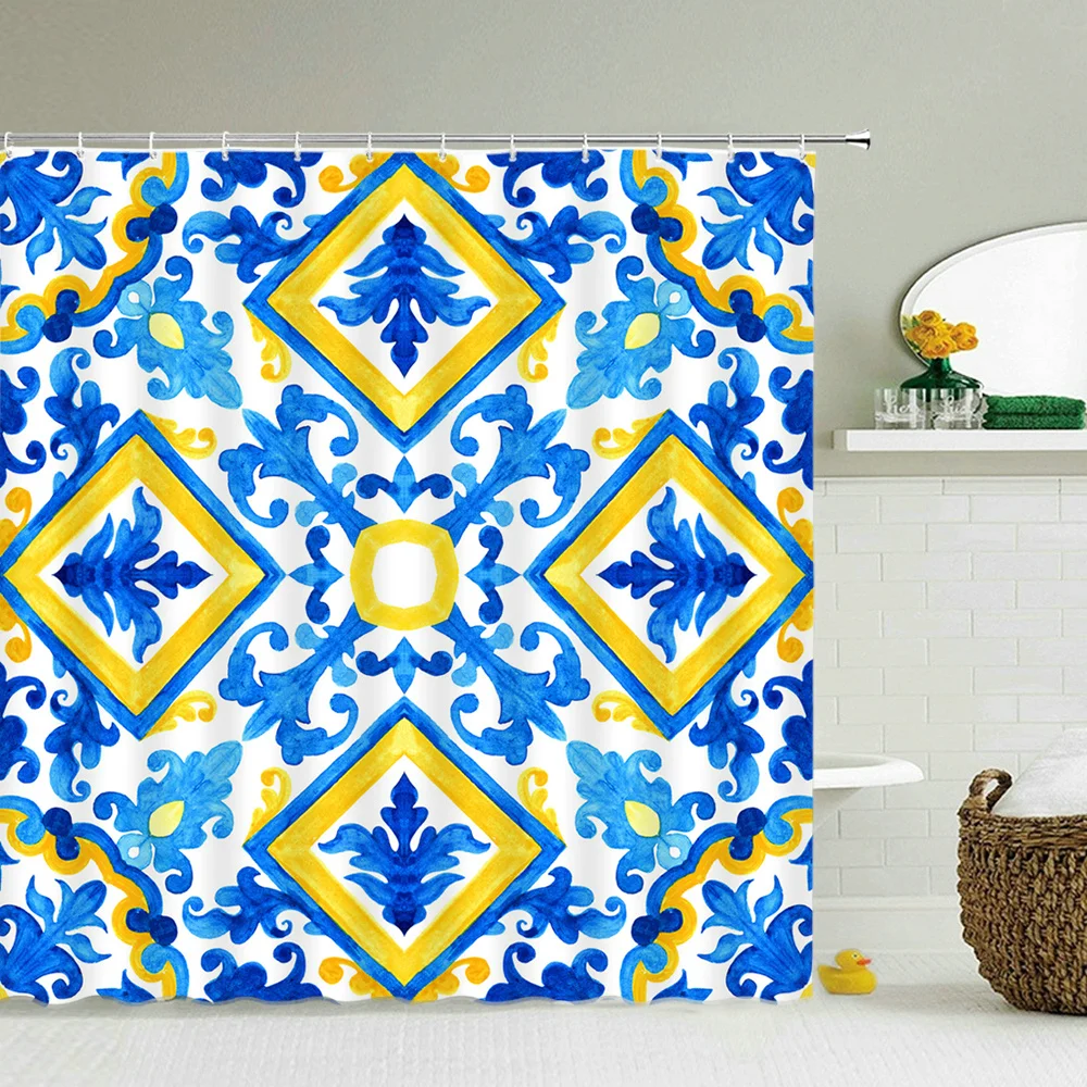 

Bohemian Style Shower Curtains Bathroom Curtain Waterproof Frabic Blue Mediterranean Bath Curtain With Hooks Decoration Screen