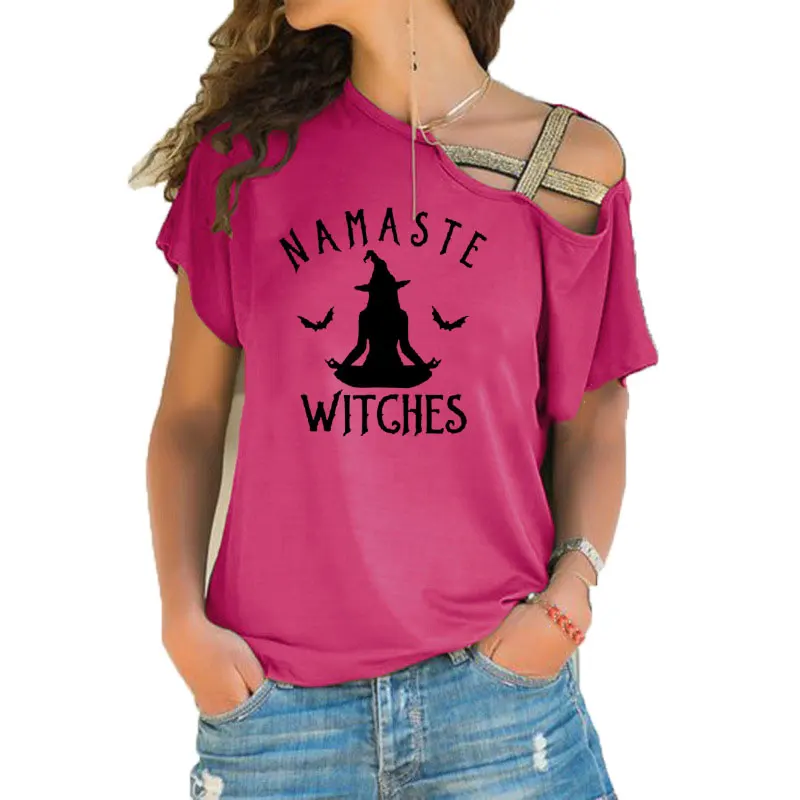 Футболка Namaste ведьмы, забавный подарок на Хэллоуин, футболка для женщин, модные, медитирующие, спящие, летучая мышь, футболки, неровные, крестообразные, бандажные Топы - Цвет: 17