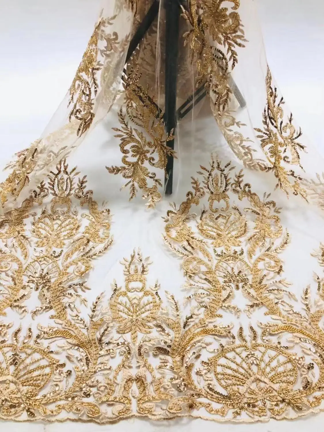 stock 5yards/lot cc005# handmade gold 3d beads sequin luxury embroidery tulle mesh lace for sawing bridal wedding dress