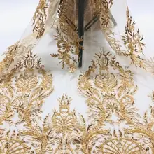 stock 5yards/lot cc005# handmade gold 3d beads sequin luxury embroidery tulle mesh lace for sawing bridal wedding dress