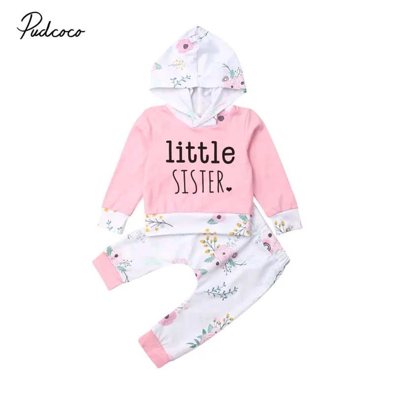 Брендовая одежда для малышей, для маленьких девочек Little Sister топы с капюшоном, толстовки для девочек+ легинсы с цветами, штаны-шаровары, комплект со штанами, милый спортивный костюм для девочек осенний комплект одежды