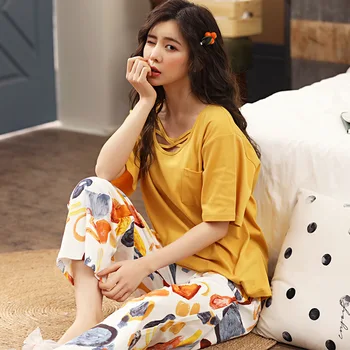 

Summer Cotton Pajamas For Women Printed Sleepwear Female Cute Homewear Suit Pijamas Round Neck Pyjamas Plus Size Nightwear