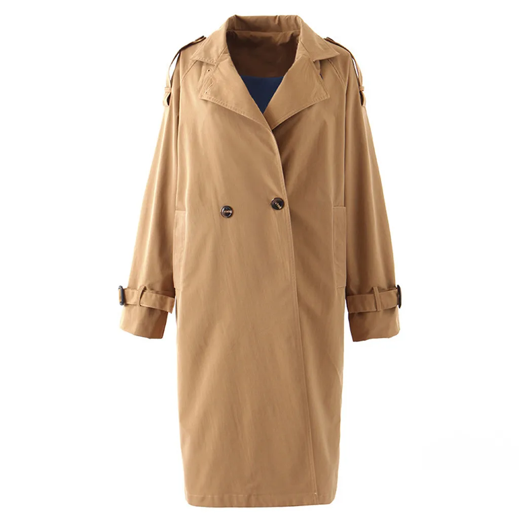

Vintage Women Long Trench Coat Elegant Long Sleeve With Belt Khaki Trench Coat Turn-Down Collar Autumn Women Outwear Coats