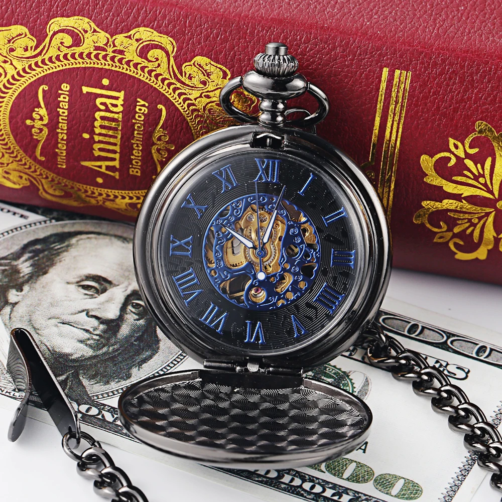 BOLYTE Vintage Black Mechanical Pocket Watch Sculpture Design Hand Winding Steampunk Cool Pendant Pocket Chain Clock Collectible