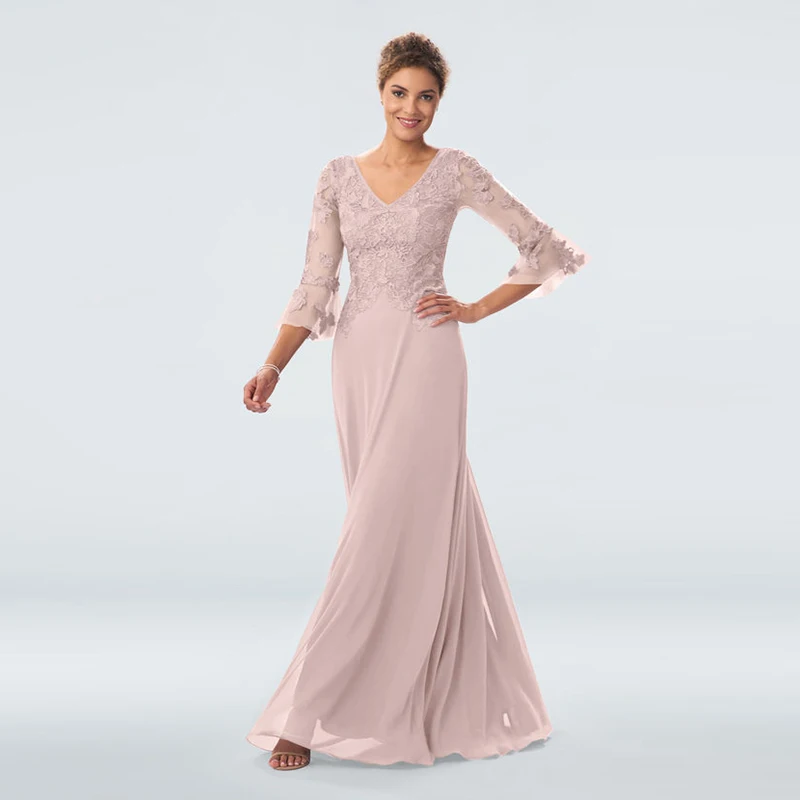 

New Charming Dusty Rose Lace Applique Deep V Neck Mother of the Bride Dresses With 3/4 Sleeves Wedding Guest Gowns Back Out