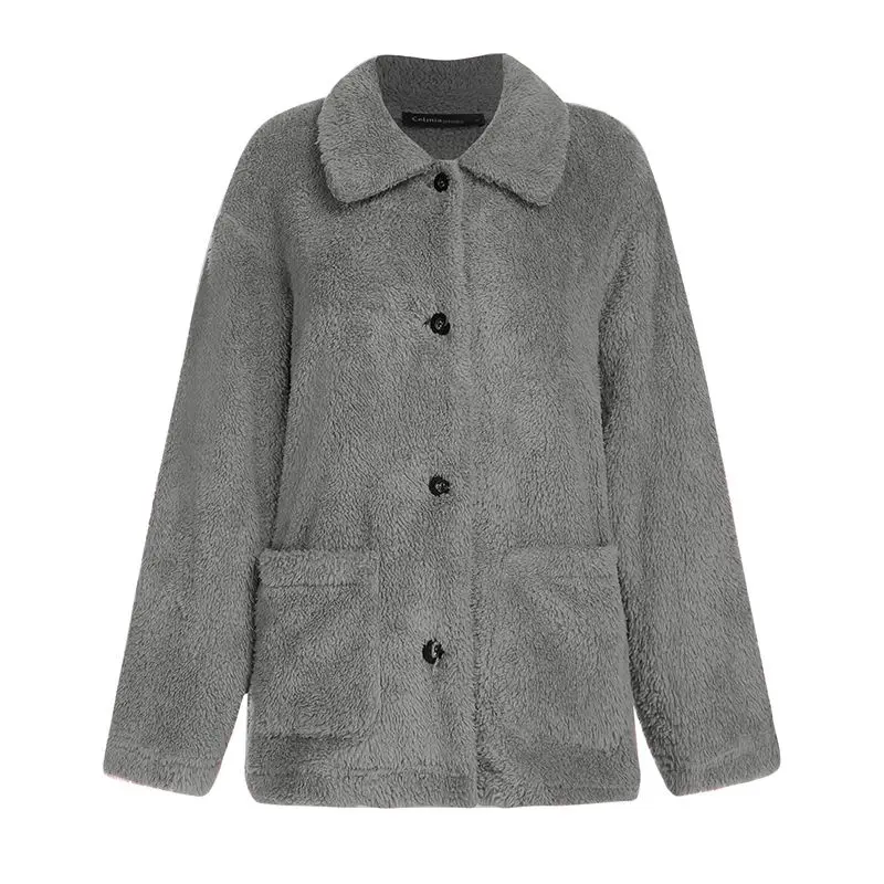 Women Winter Autumn Thin Coats Celmia Faux Fur Coats Long Sleeve Fluffy Jackets Casual Pockets Fleece Outerwear Plus Size - Цвет: Серый