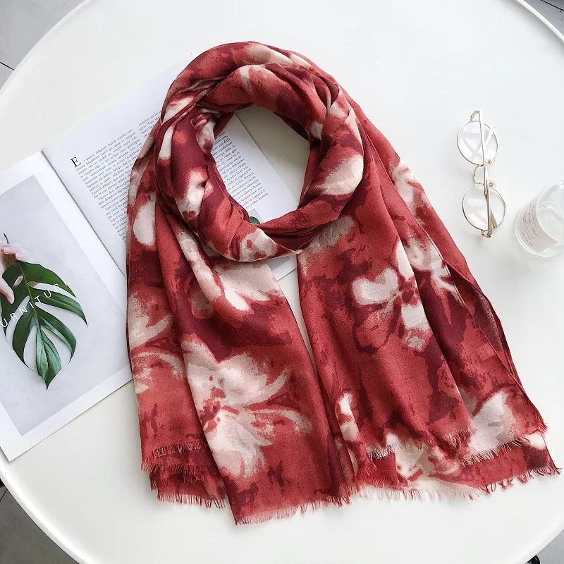 

flower printing scarf with self fringes wraps for beach long scarf silk scarf