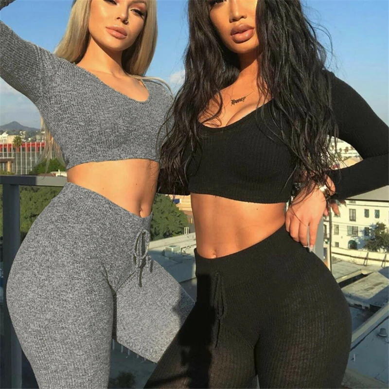 Серый комплект из двух предметов спортивный костюм вязаный укороченный топ с