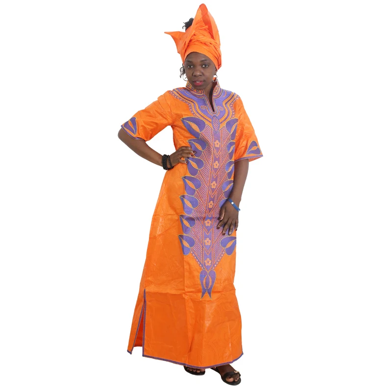 MD 2020 African Bazin Dresses Women Ankara Embroidered Dress With Head Wraps Dashiki Print Suit South Africa Ladies Clothes