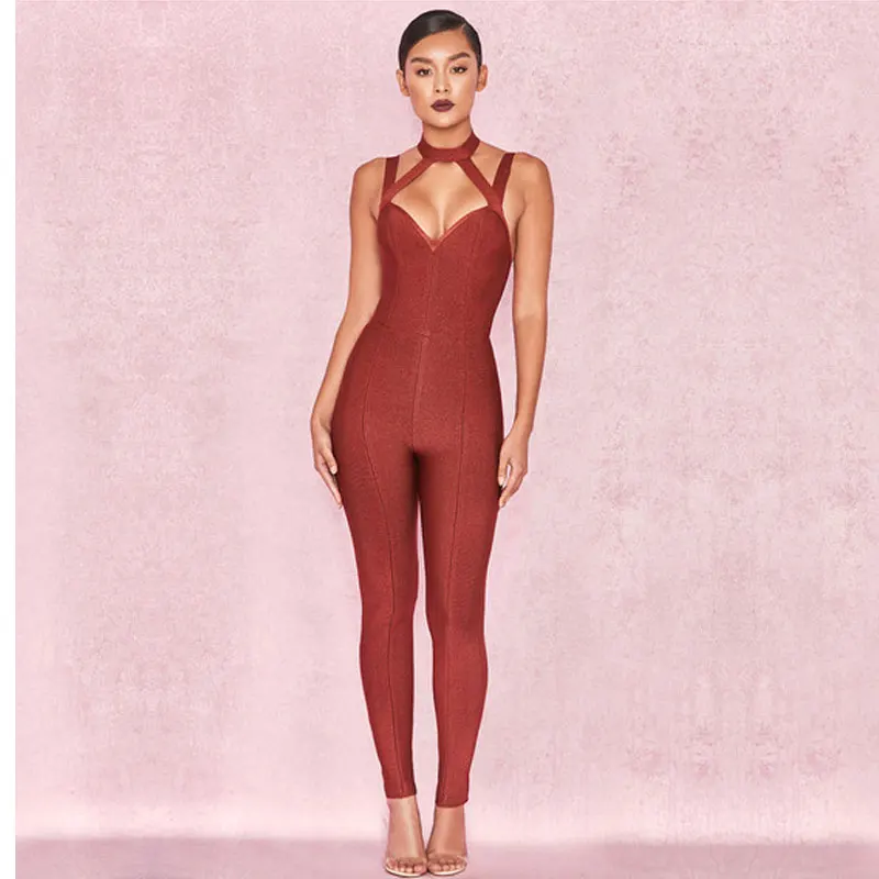 Sexyboutique, бандажный комбинезон, Холтер, без рукавов, на бретелях, женский комбинезон, комбинезоны, повседневная одежда для повседневной носки, облегающий бандажный комбинезон - Цвет: brown