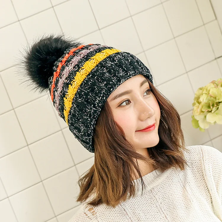 Winter new Korean version mixed color plus velvet plus thick wool hats warm hat hat protected women's knitted hat - Цвет: Черный