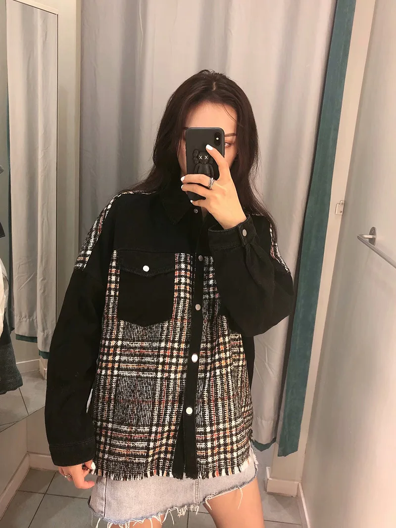 

Western Style WOMEN'S Black Autumn Clothing New Style Joint Flash Cowboy Plaid Jacket