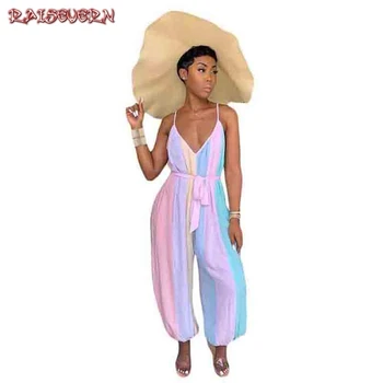 

RAISEVERN Rainbow Striped Print Women Jumpsuit Elegant Spaghetti Strap Ladies Long Jumpsuit Summer Beach Wear Wrap Jumpsuit 2019