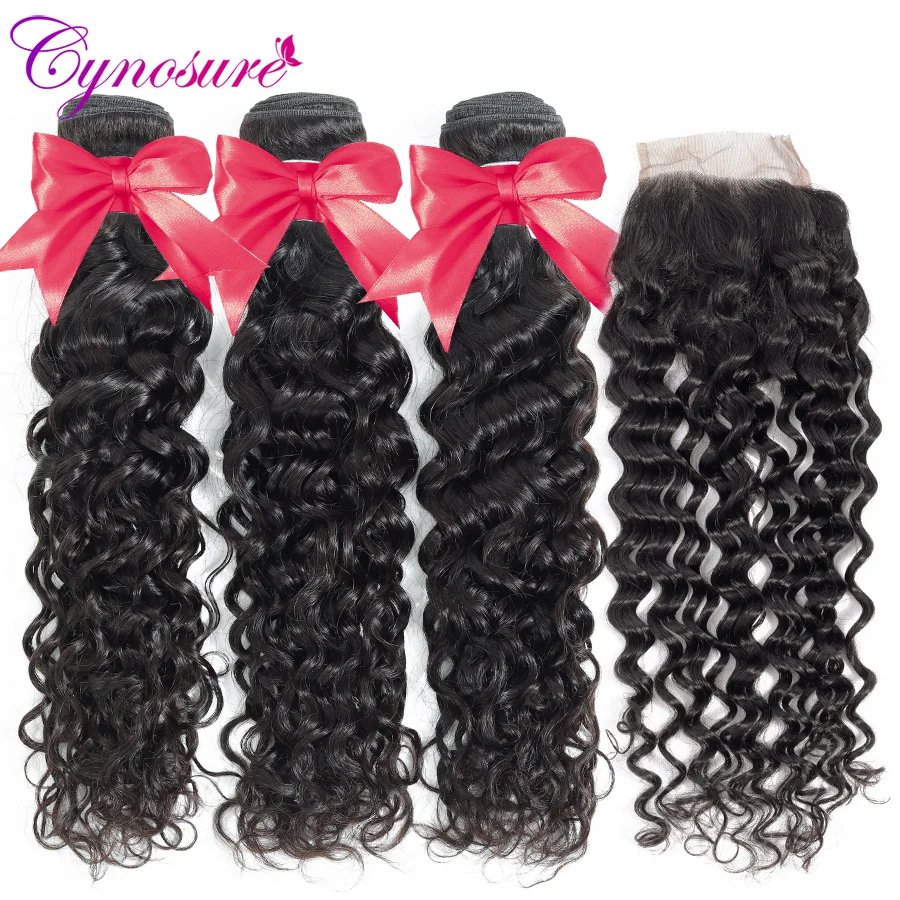Cynosure Water Wave Human Hair Bundles With 4x4 Closure Brazilian Hair Weave 3 Bundles With Lace Closure Water Wave Remy