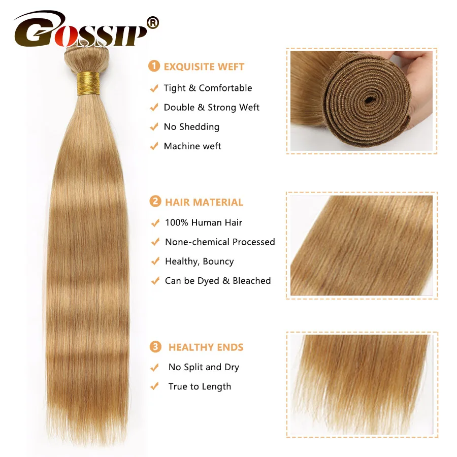 Straight Hair Bundles Honey Blonde Bundles Brazilian Hair Weave Bundles Non-Remy Gossip #27 Color Hair Extensions 34 Pieces (4)