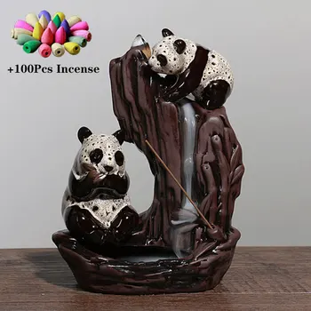 

Ceramic Panda Backflow Incense Burner Smoke Incense Waterfall Censer Panda Incense Stick Holder Home Decor + 100pcs Cones