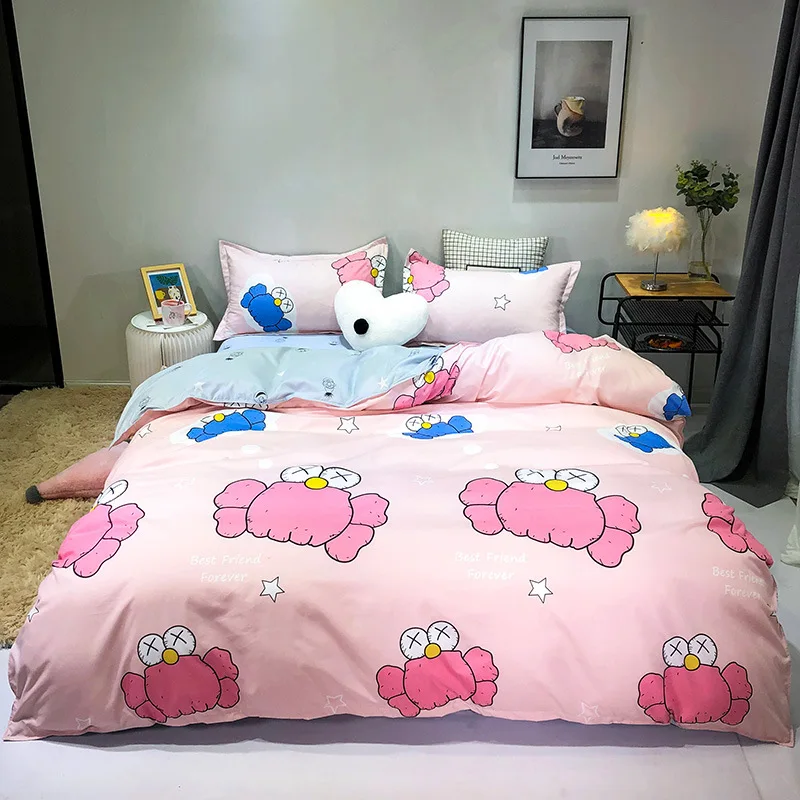 

Pink and blue girl's bedding set 4pcs bed set cartoon style duver cover set candy color bed sheet sweet princess bedlinen sheet