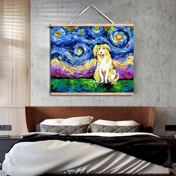 

WANGART Frame Canvas Print Bernese Mountain Dog Starry Night Art Wooden Scroll Painting Animal Wall Picture Living Room Home