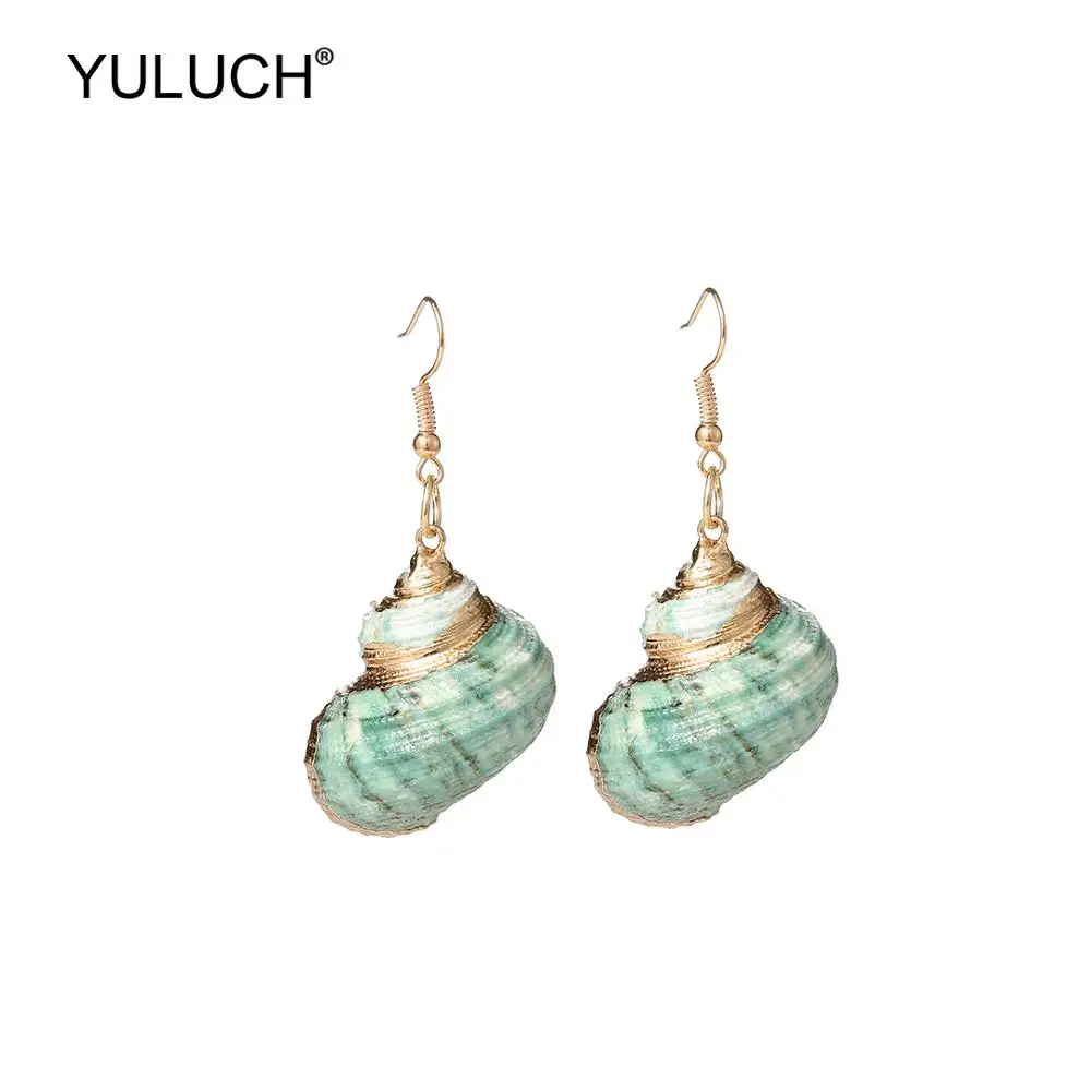 

YULUCH 2019 Women Summer Beach Natural Conch Shell Golden Rim Dangle Earrings Fashion Jewelry Ethnic African Long Drop Earrings