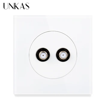 

UNKAS Dual Satellite Cable TV Connector Jack Wall Power Socket 86MM*86MM Tempered Crystal Glass Panel