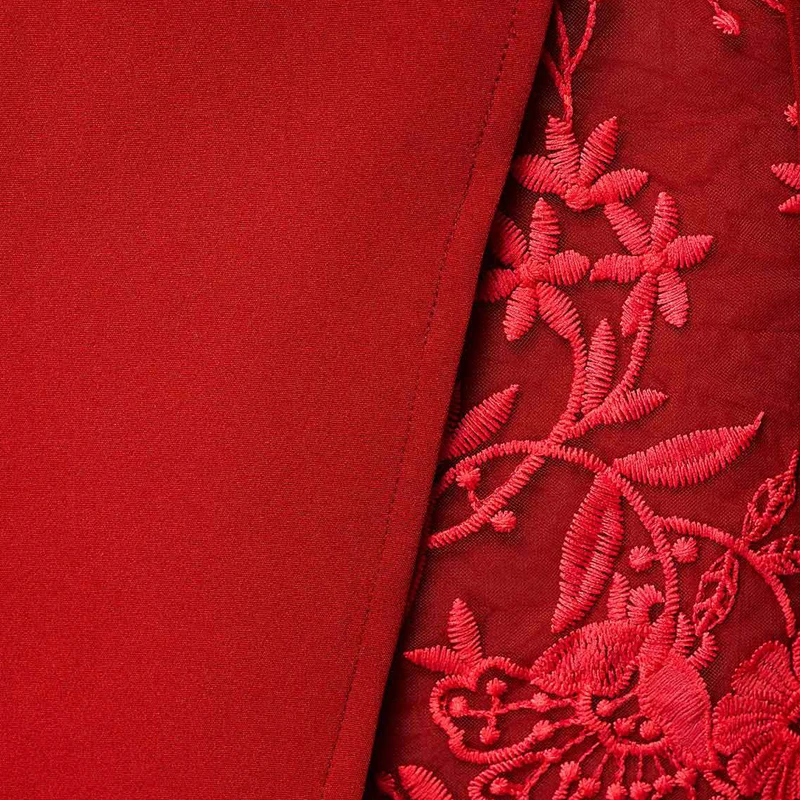 MISSJOY Solid Color Plus Size Dresses Women Embroidery Patchwork Three Quarter Sleeves Lace Autumn Party Red Elegant O-Neck