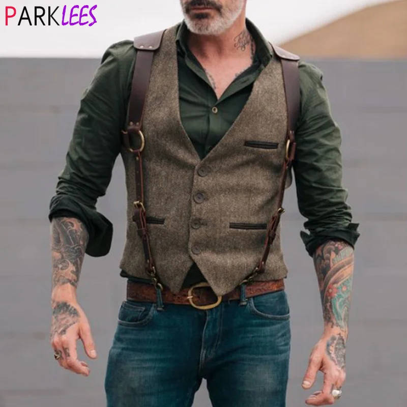 Mens Tweed Leather Suit Vest Vintage 