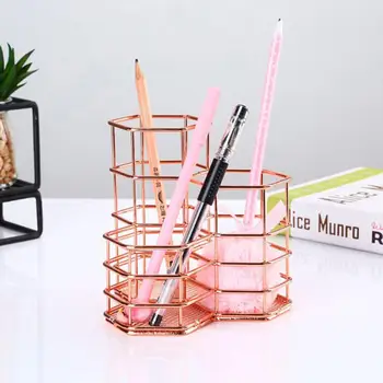 

Durable Hexagonal Desktop Pen Stationery Hollow Holder Makeup Vase Brush Racks Storage Organizer Home Sundries Storage Container
