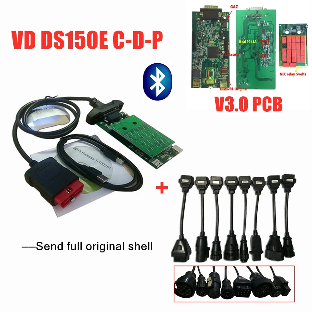 VD TCS C-D-P 3,0 зеленая печатная плата с bluetooth 2016R0/,3 keygen obd vd ds150e c-d-p для delphis obd2 автомобильный сканер+ 8 шт. грузовых кабелей - Цвет: with bluetooth
