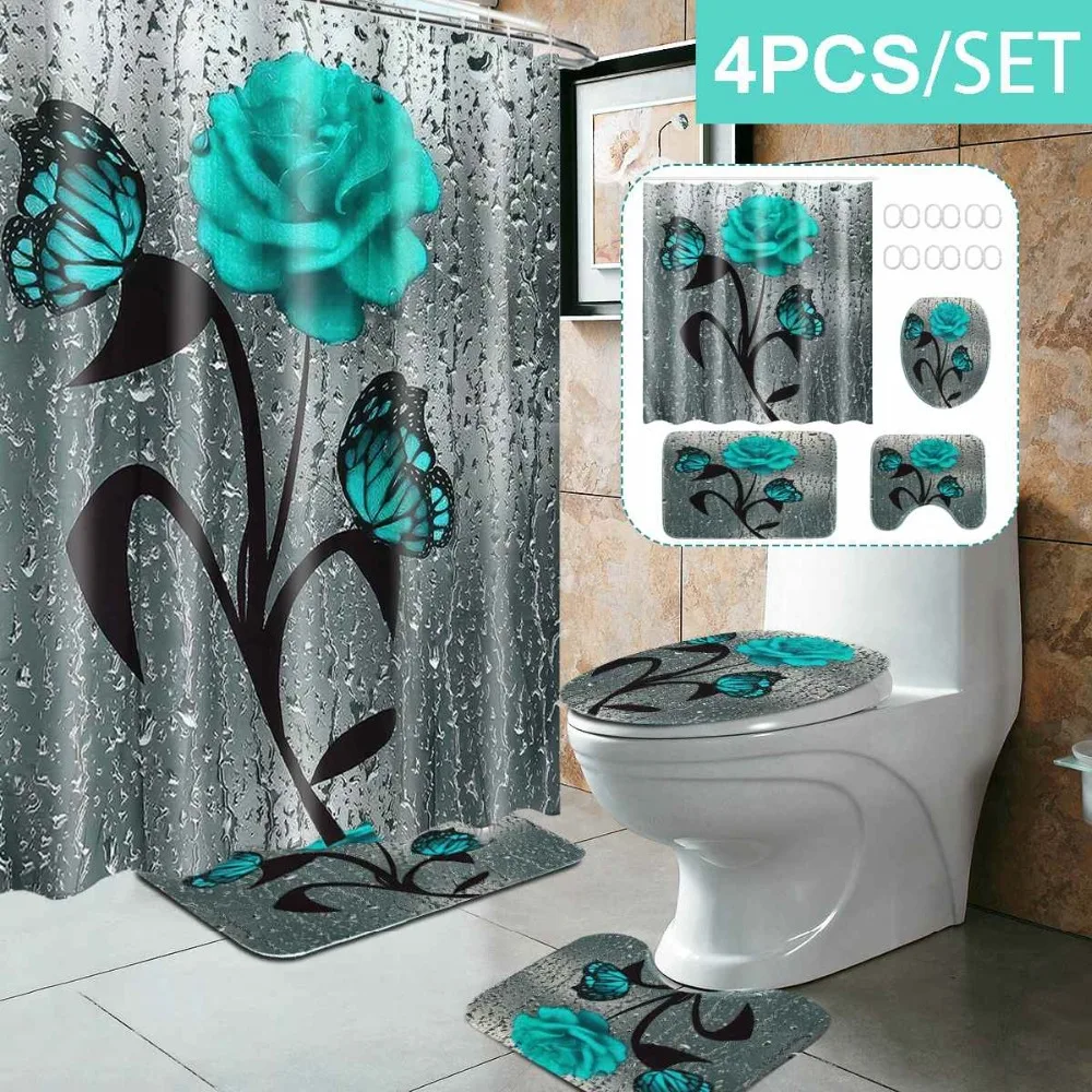 Green-Butterfly-Rose-Pattern-Waterproof-Print-Shower-Curtain-4-Piece-Carpet-Cover-Toilet-Cover-Bath-Mat323