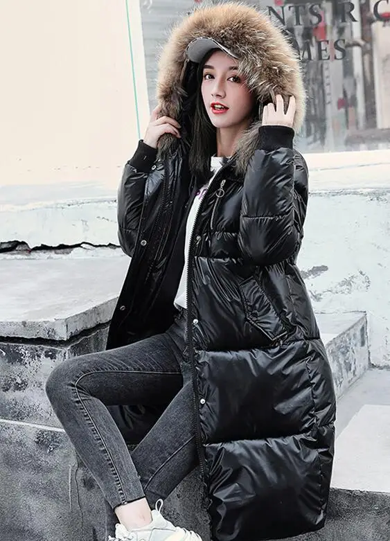 Черный Женские зимние парки, женская верхняя одежда, блестящие Серебристые пуховики, зимняя куртка, Женская Зимняя яркая куртка с меховым воротником - Цвет: Черный
